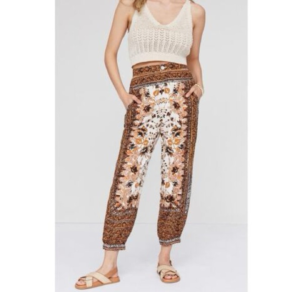 By Anthropologie linen blend boho wide leg pants floral palazzo harem